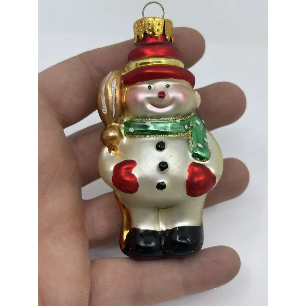 Christmas Snowman Hand Crafted Glass Broom Hat Ornament Read*